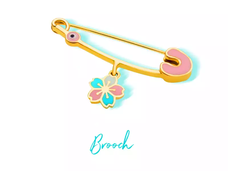 Gold children's brooch with colorful flower pendant and minimal details