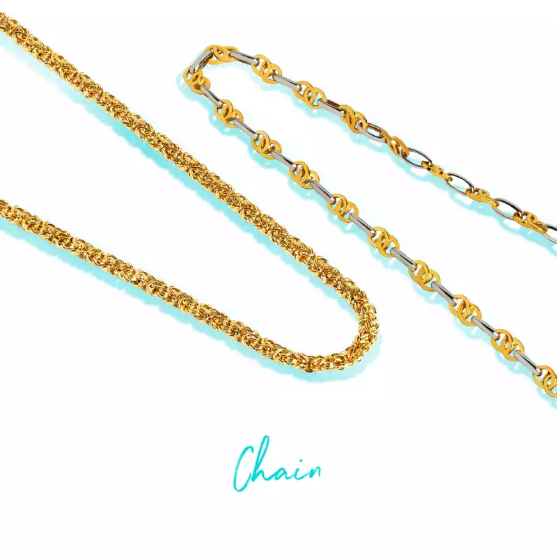 Two gold chains with various designs and intricate textures