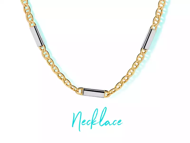 Gold necklace with gold chain and shiny silver sections