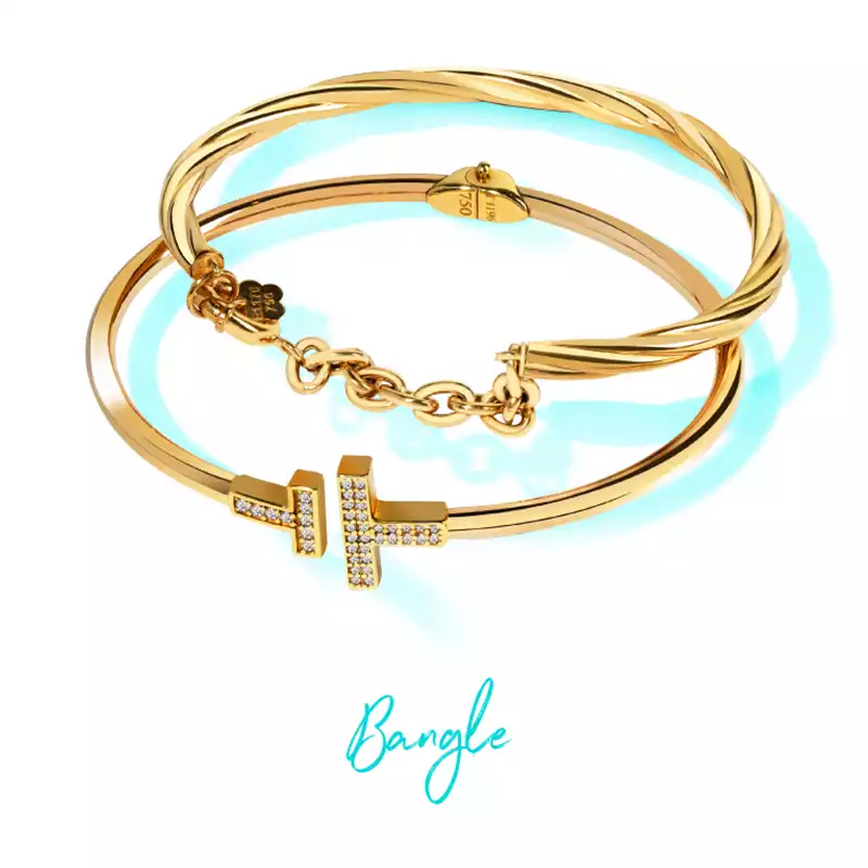 Two gold bangles, including a twisted model and a jeweled model with a chain lock.