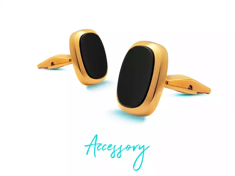 Men's gold cufflinks with rectangular design and black gemstone