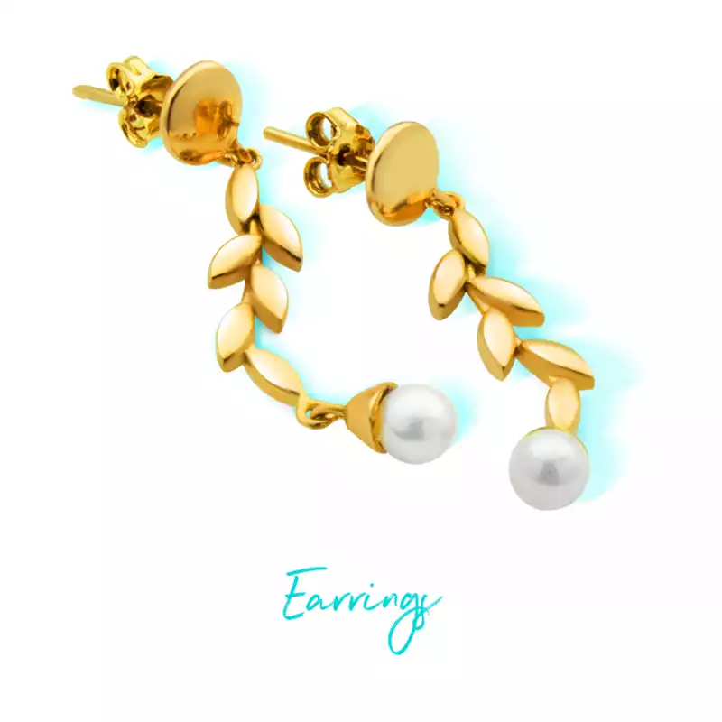 Gold earrings with a leaf design and pearl drop, perfect for chic and classic styles.